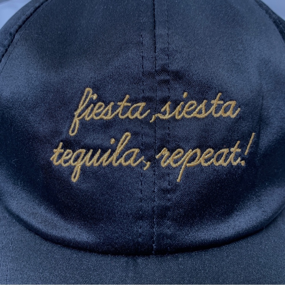 Fiesta Siesta Tequila Repeat Embroidered Black Satin Structured Baseball Cap - Picture 4 of 11